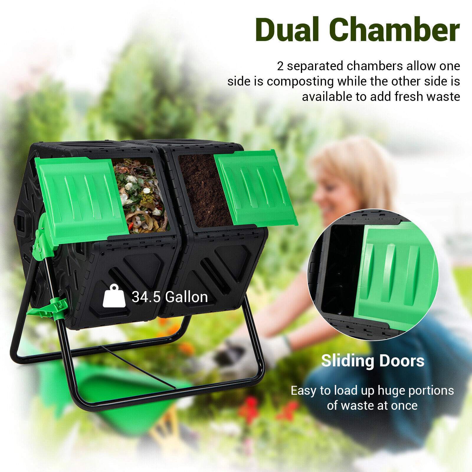SUGIFT 34.5-gal Dual Chamber Outdoor Compost Tumbler with 360-Degree Rotation and Sliding Doors