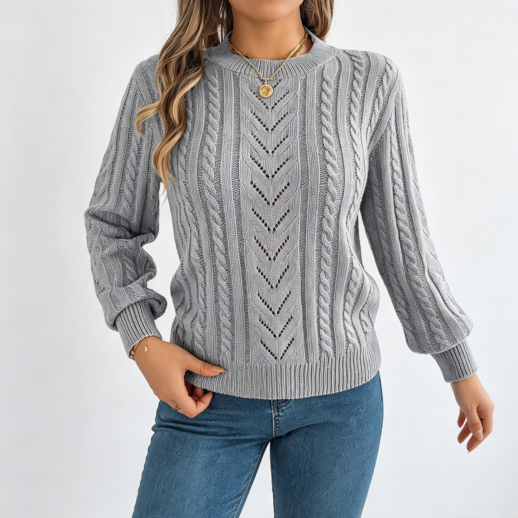YesFashion Women's Cable Knit Sweaters Crewneck Lantern Long Sleeve Fall Winter Pullovers