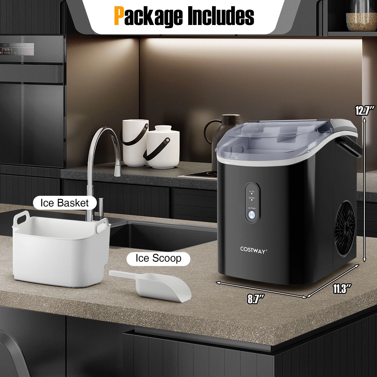 SlickBlue Black Silver Stainless Steel Nugget Ice Maker, 34 Lbs Daily, 6-Minute Cycle, Self-Cleaning
