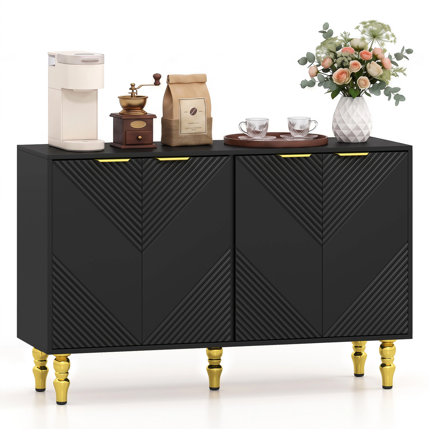 LJG 47" Sideboard Buffet Cabinet with 4 Chevron Fluted Doors & Anti-Toppling Devices for Kitchen