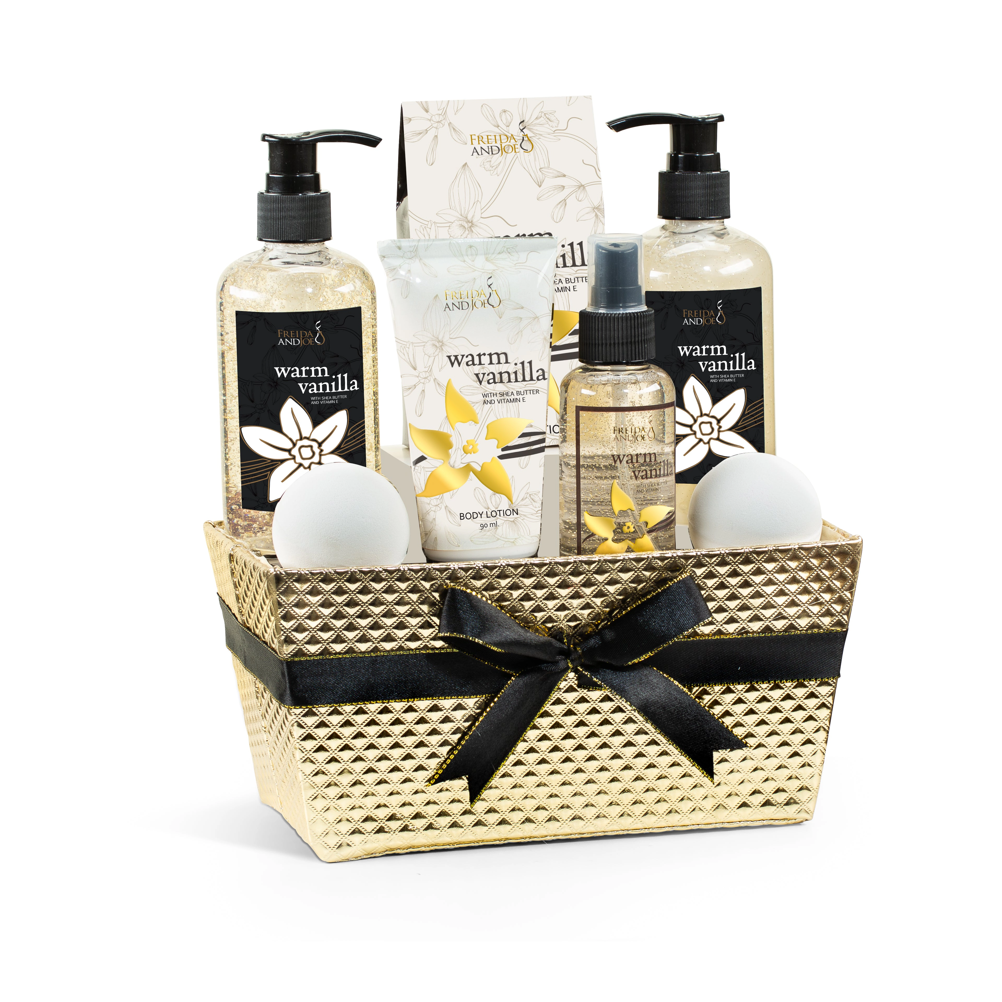Freida and Joe Women Warm Vanilla Bath & Body Spa  Gift Set In Gold Basket