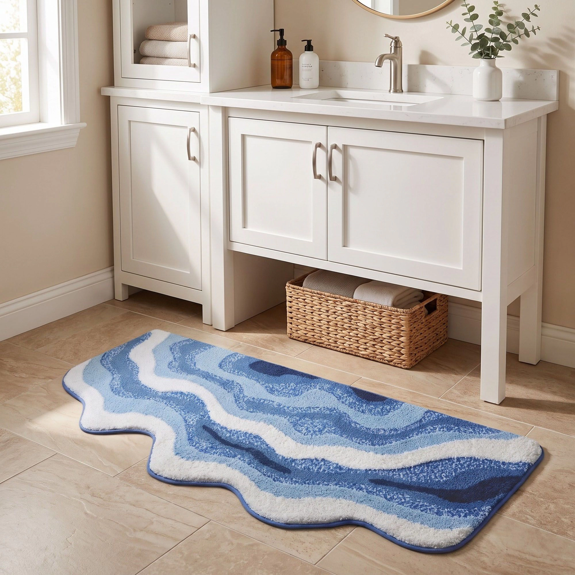 Alilang Unisex Abstract Ocean Wave Plush Bathroom Mat with Irregular Scalloped Edge