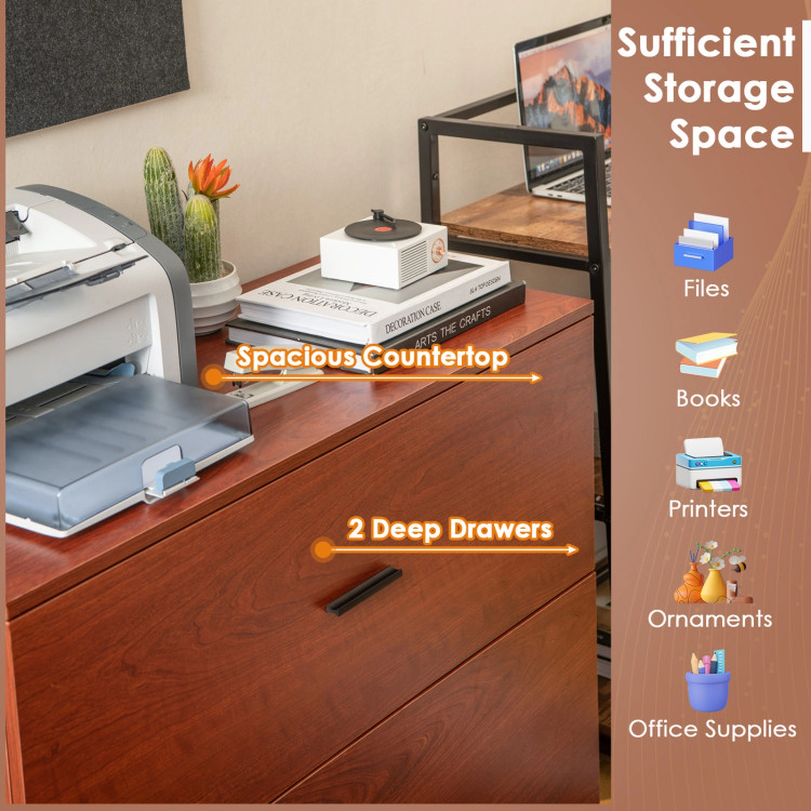 SUGIFT 2-Drawer Lateral Adjustable Steel Bars File Cabinet 35.5-in x 16-in x 30-in 220-lb Capacity Walnut