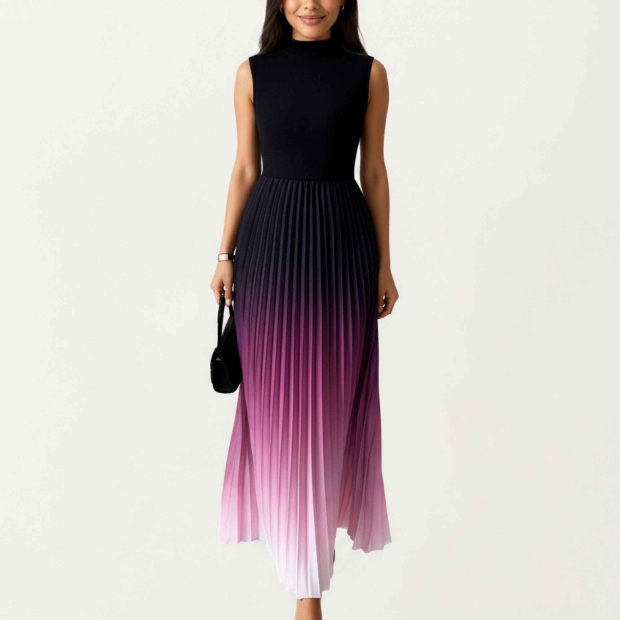 Anna-Kaci Womens Sleeveless Mock Neck Pleated Ombre Maxi Dress