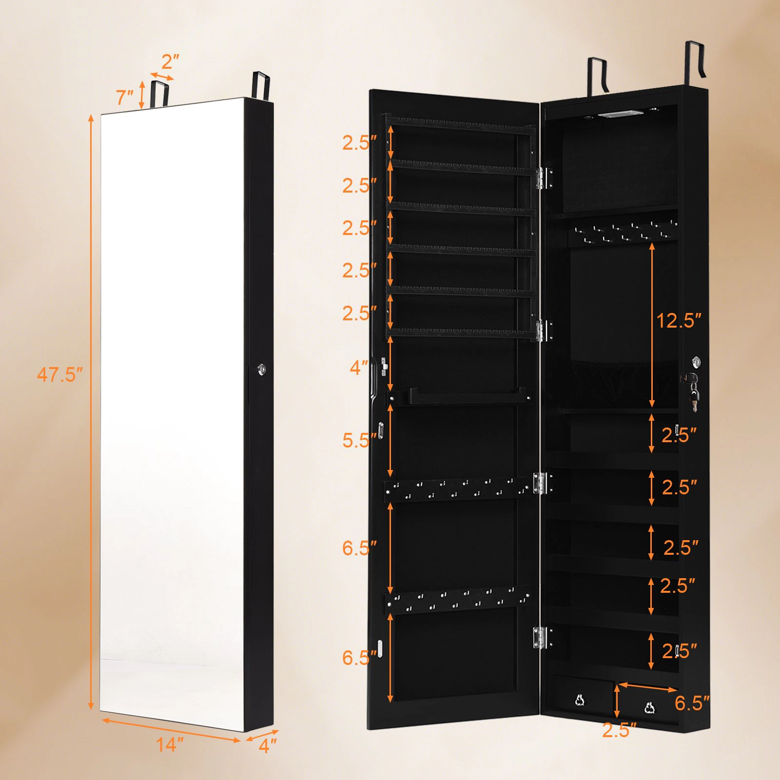 SlickBlue Large Jewelry Storage Cabinet with Full Body Mirror for Bedroom & Dressing Area