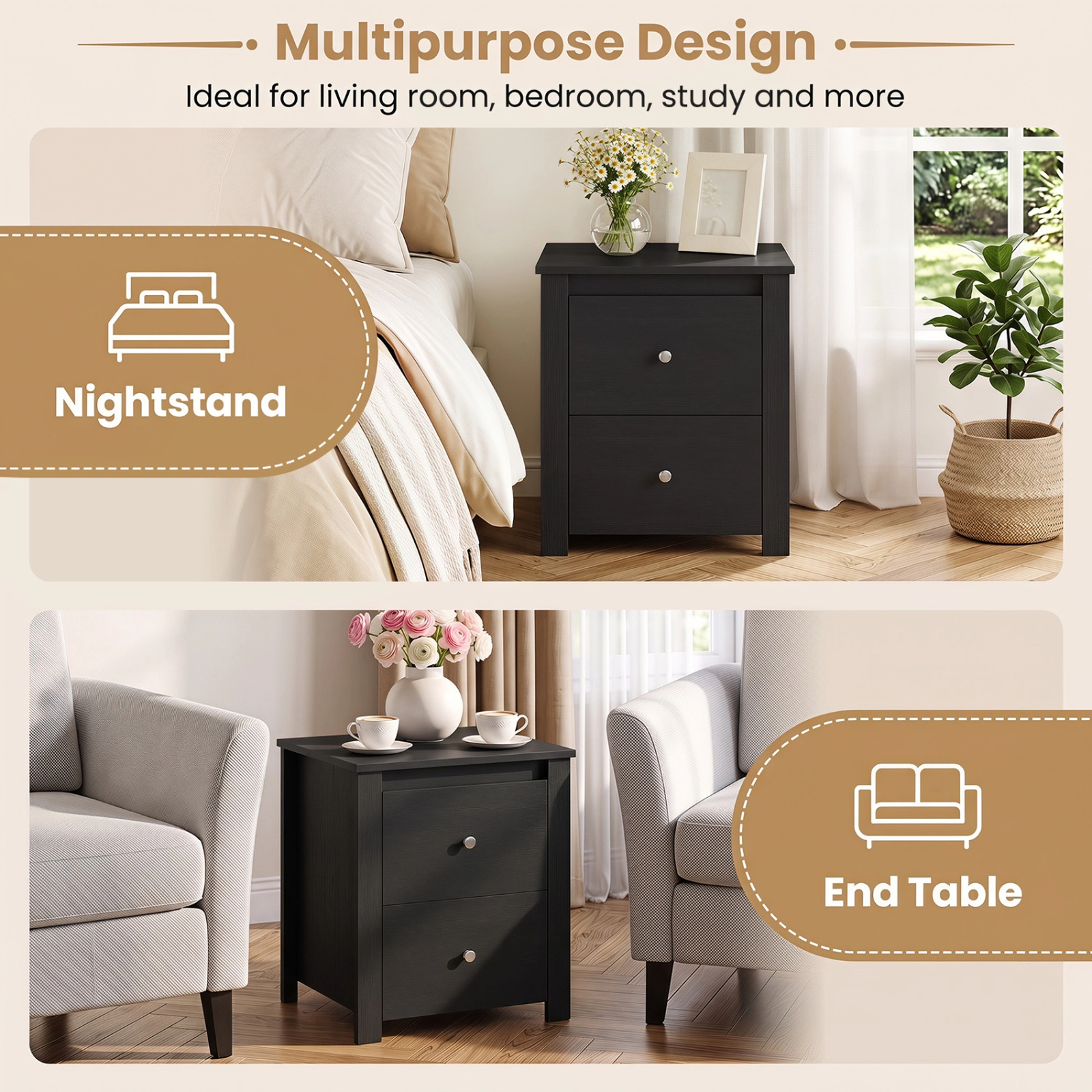 SUGIFT Black 2 Drawers and Storage for Bedroom Living Room and Small Spaces Nightstand