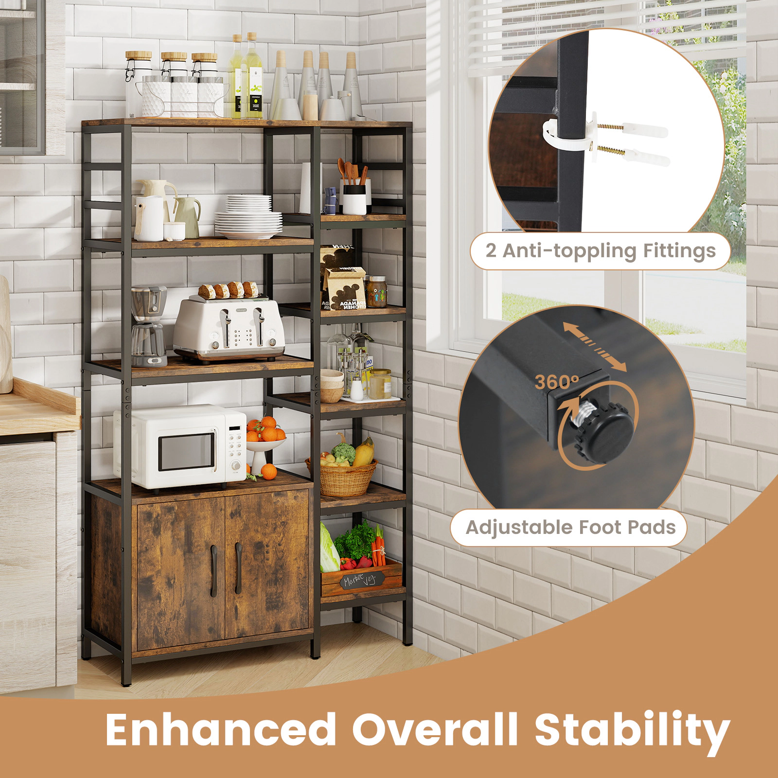 SUGIFT Rustic Brown Double Wide 8-Tier Bookshelf with 2-Door Cabinet