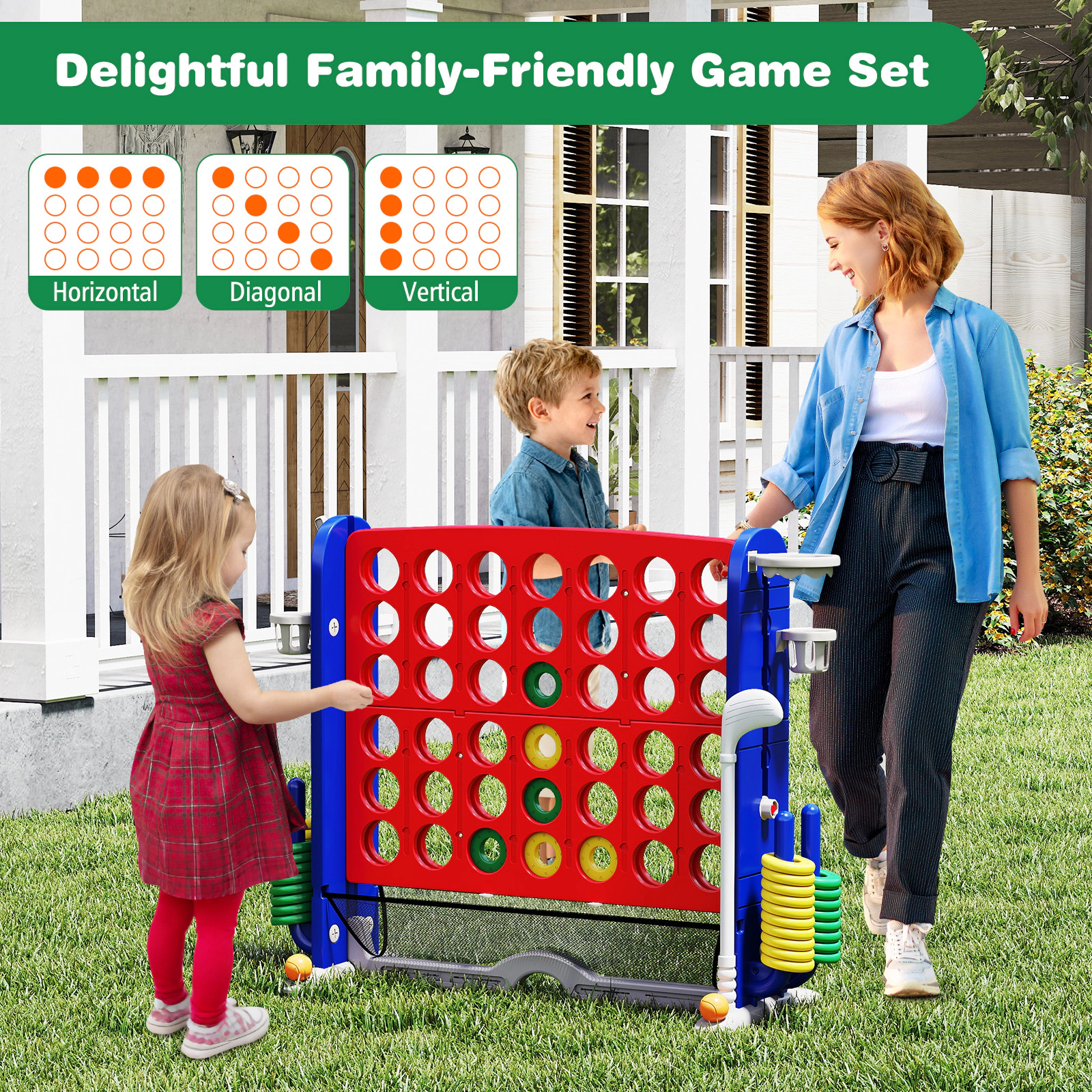 SUGIFT 4-in-1 Jumbo 4-to-Score Game with Ring Toss Basketball Mini Golf Chute Button and Mesh Pouch