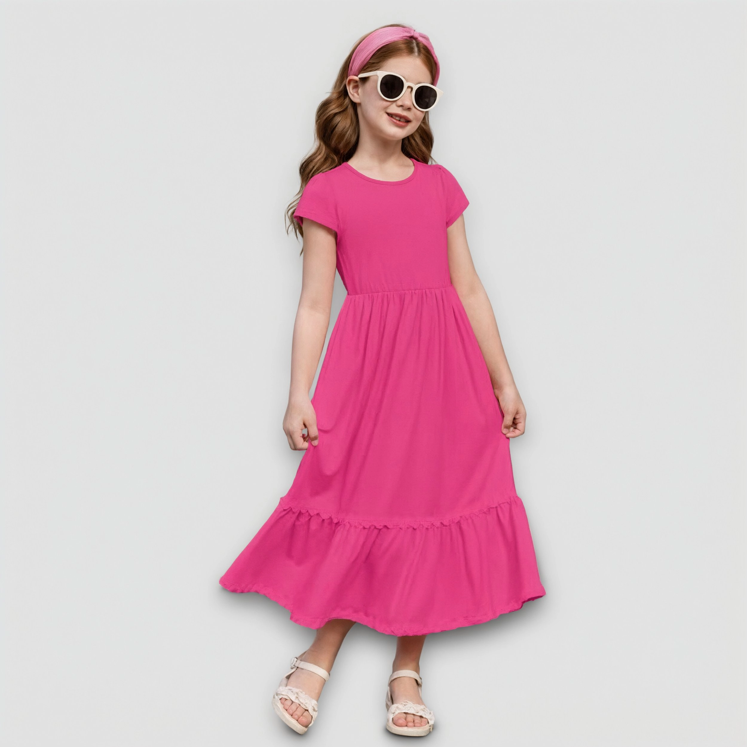 Arshiner Girl's Short Sleeve Flowy Tiered Maxi Dress