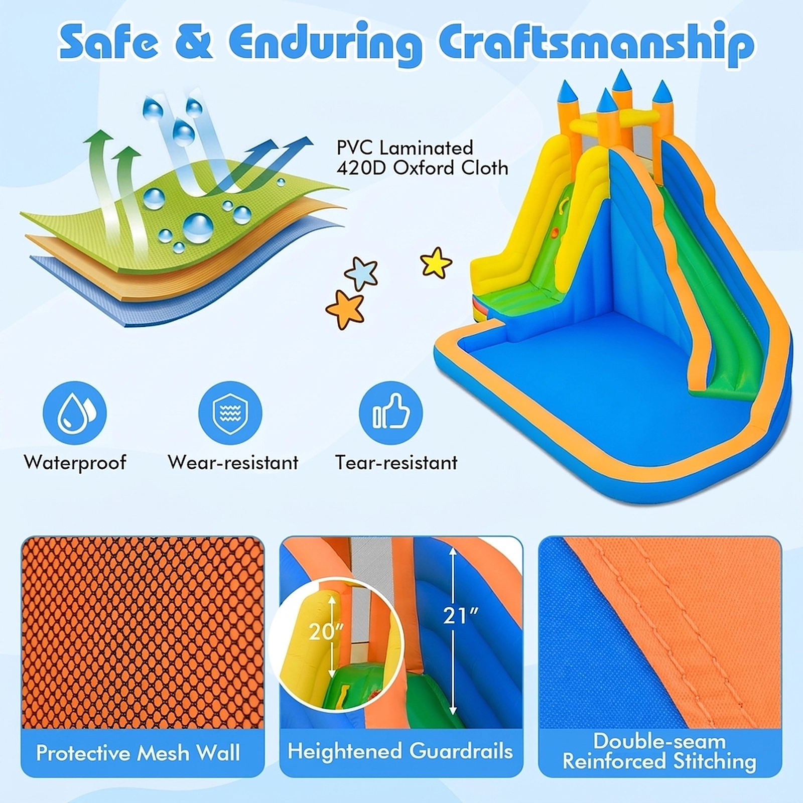 SUGIFT Curved Slide Climbing Wall and 680W Blower 3-in-1 Kids Inflatable Water Slide