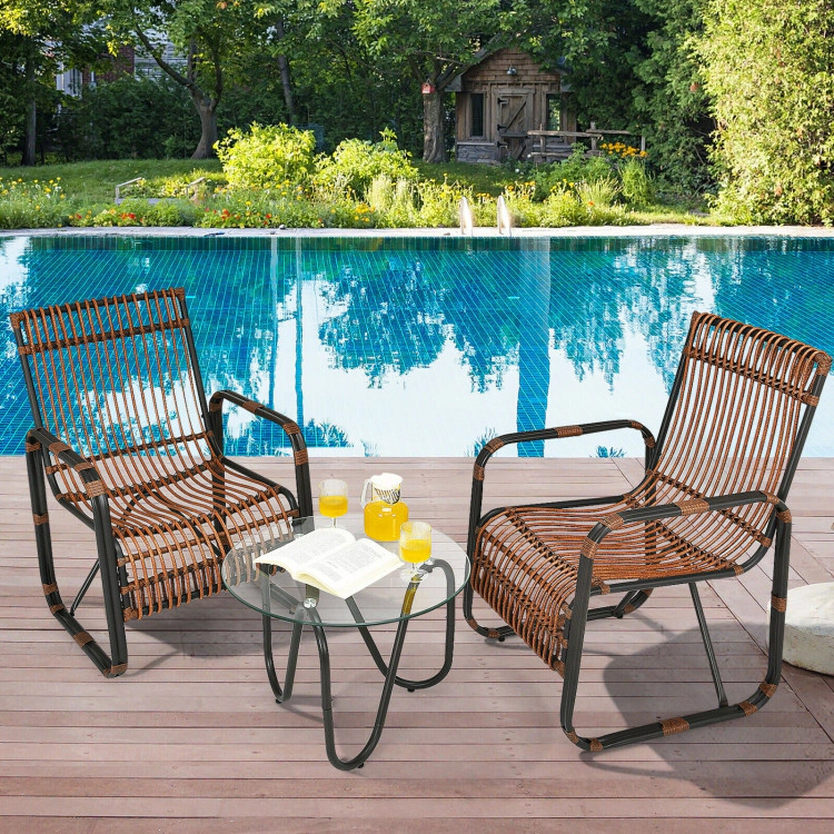 Hivvago 3 Pieces Patio Rattan Furniture Set With 2 Single Wicker Chairs And Glass Side Table