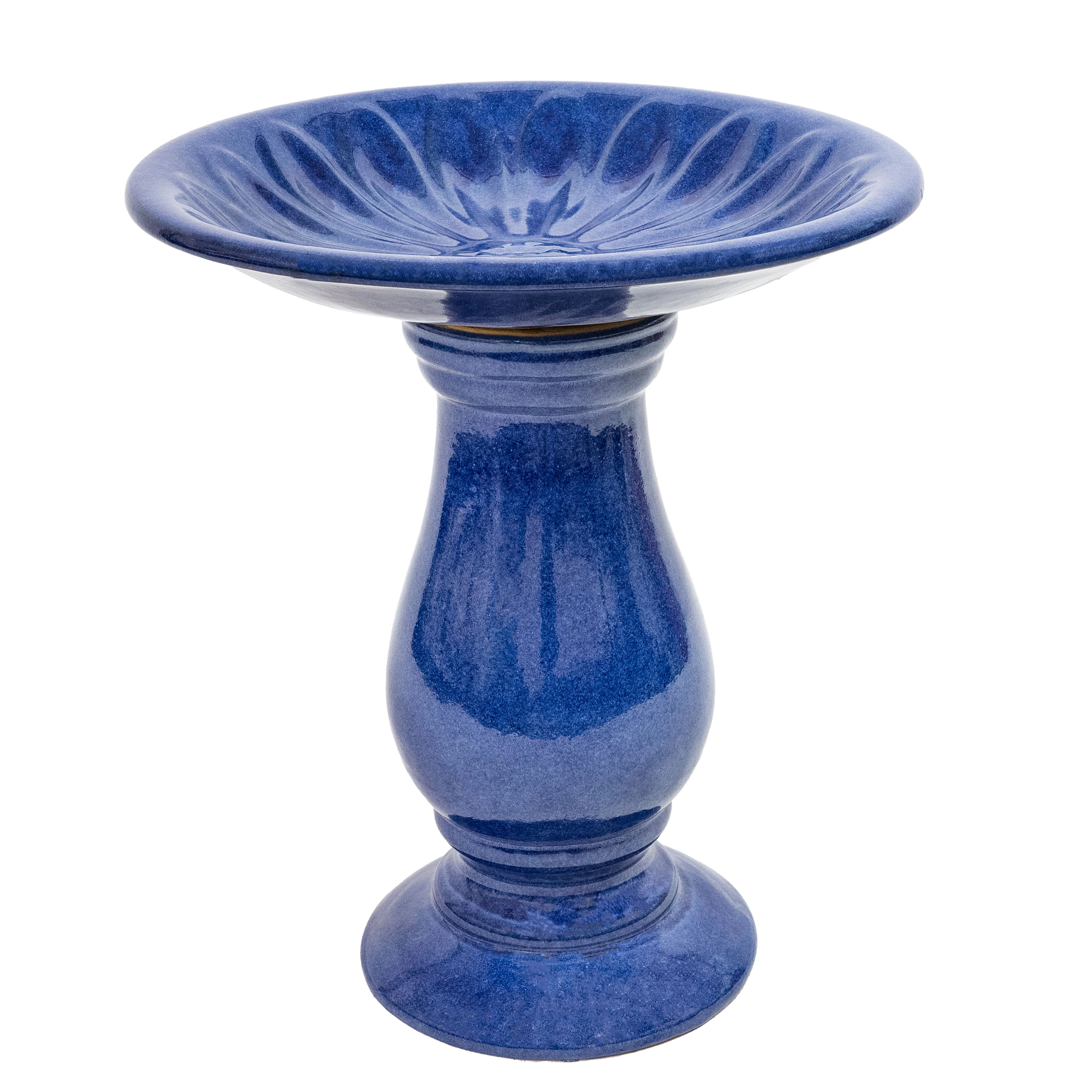 Sunnydaze Daisy Embossed Ceramic Bird Bath for Outside, 21.5” H, Blue