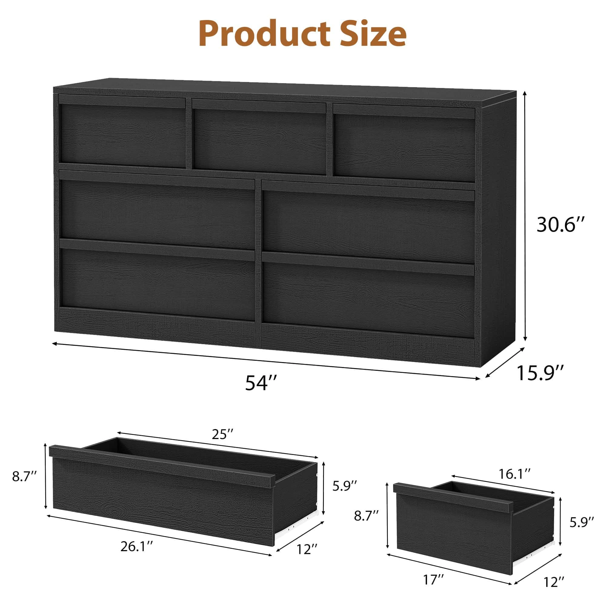 7 Drawer Dresser, Freestanding MDF Chest of Drawers with Storage Top and Anti-Tip Hardware for Bedroom