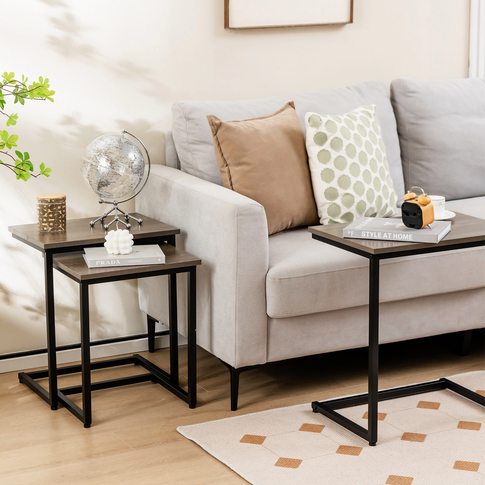 SUGIFT Stackable C-Shape Coffee End Table Set 44-lb Capacity Oak Color As the Picture Shows