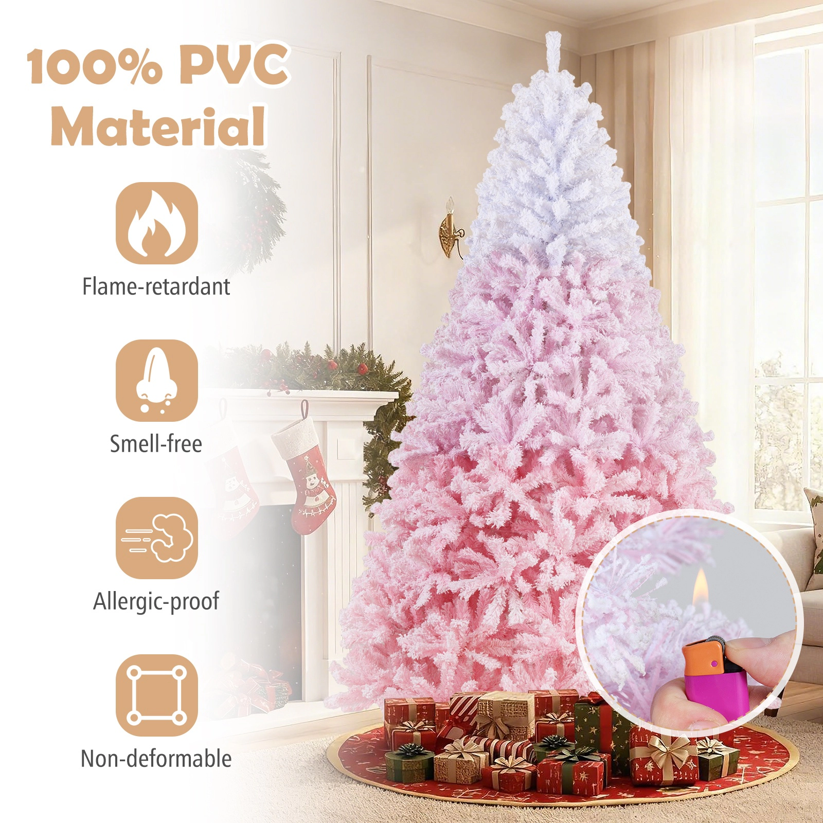 SUGIFT Flocked Gradient Pre-Lit Artificial Christmas Tree Warm White LED Lights & 8 Modes 8 Feet White to Pink/White