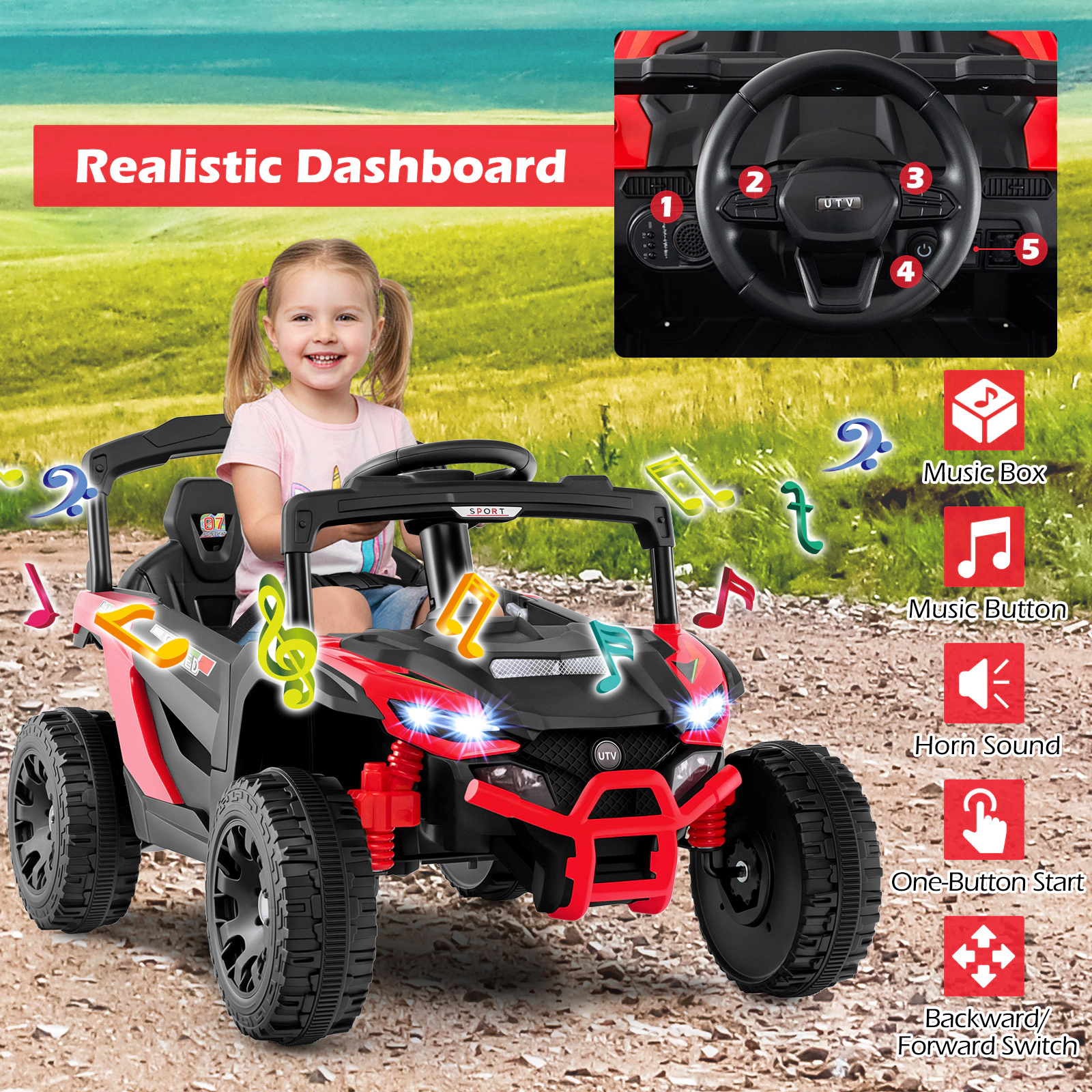 SUGIFT Red Remote Control LED Lights Music and Horn Kids 12V Ride On UTV Electric Vehicle