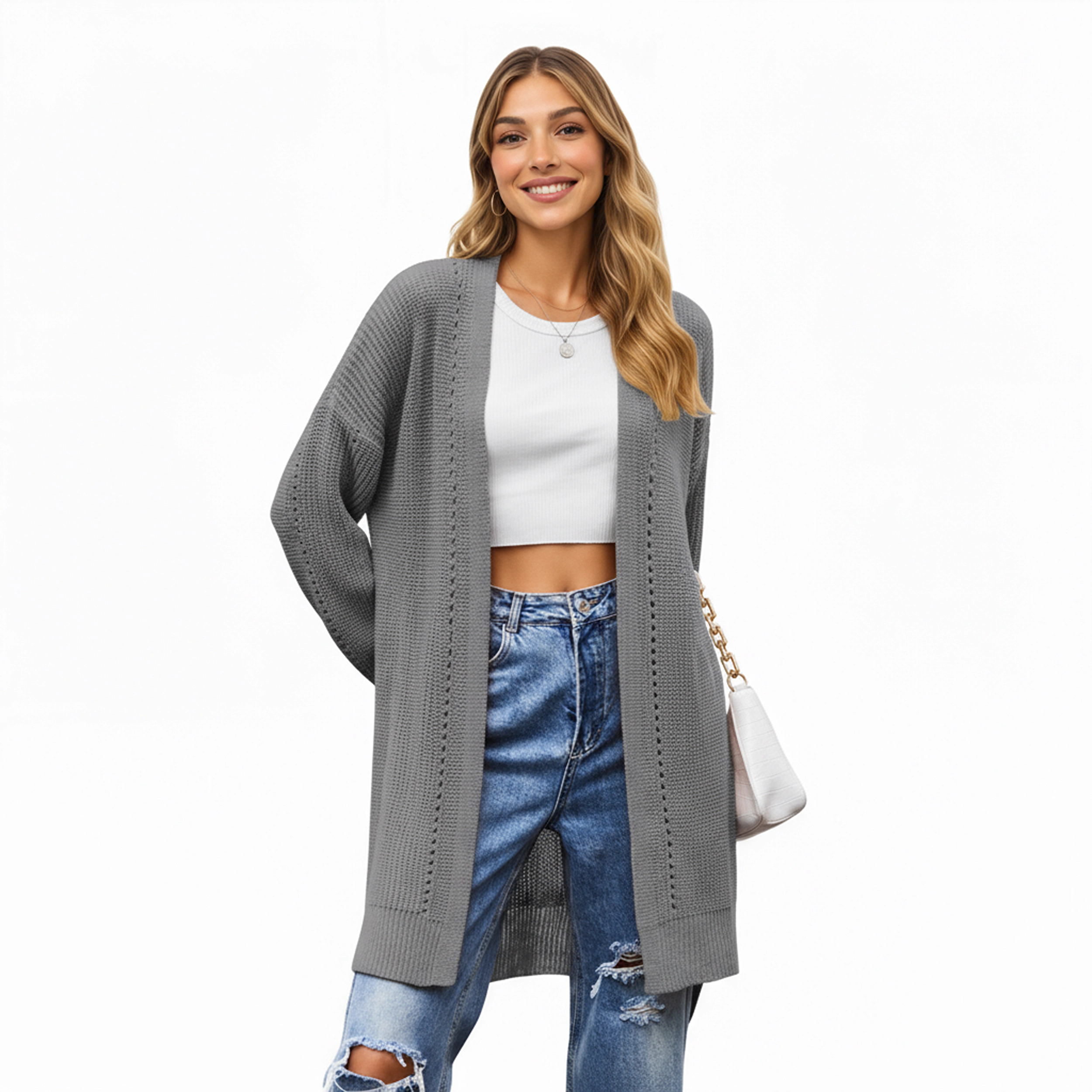Anna-Kaci Women's Open Front Knit Cardigan with Relaxed Fit and Textured Detailing