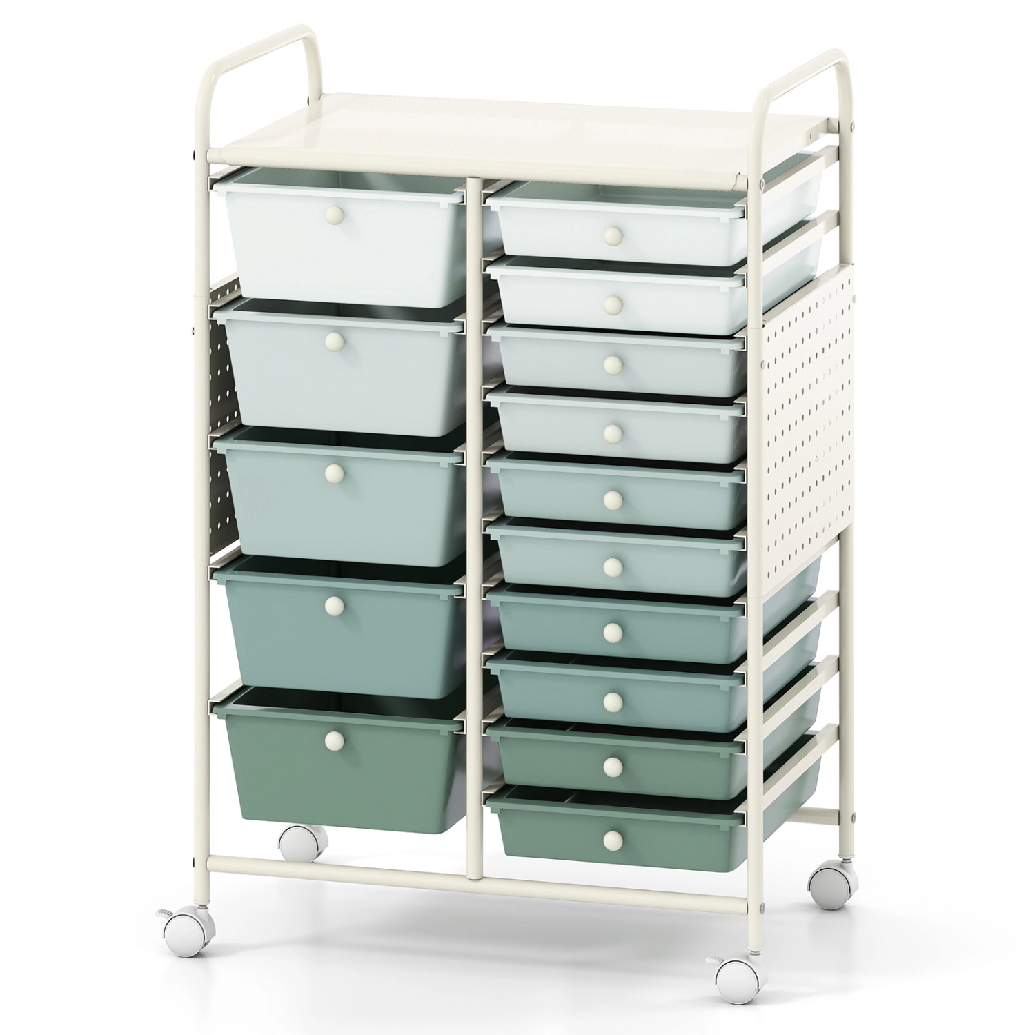SUGIFT 15-Drawer Rolling Storage Cart with Metal Tabletop and Pegboard 34.5-in Tall Green