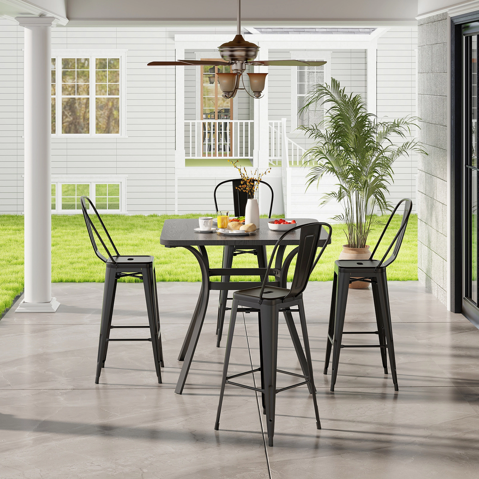 SUGIFT Set of 4 Black 30 in Bar-Height Metal Bar Stools with Removable Backrests