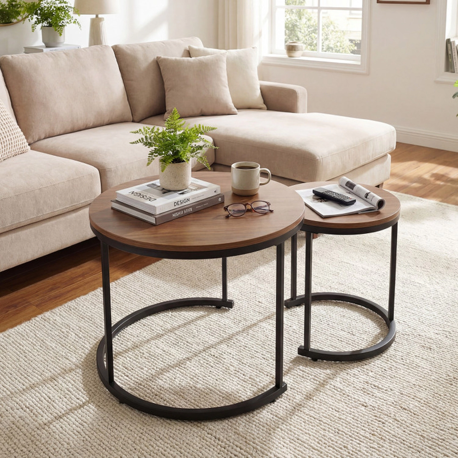 SUGIFT Set of 2 Round Stacking Nesting Coffee Tables for Living Room with 24-in and 16-in Tops Rustic Brown Light Brown
