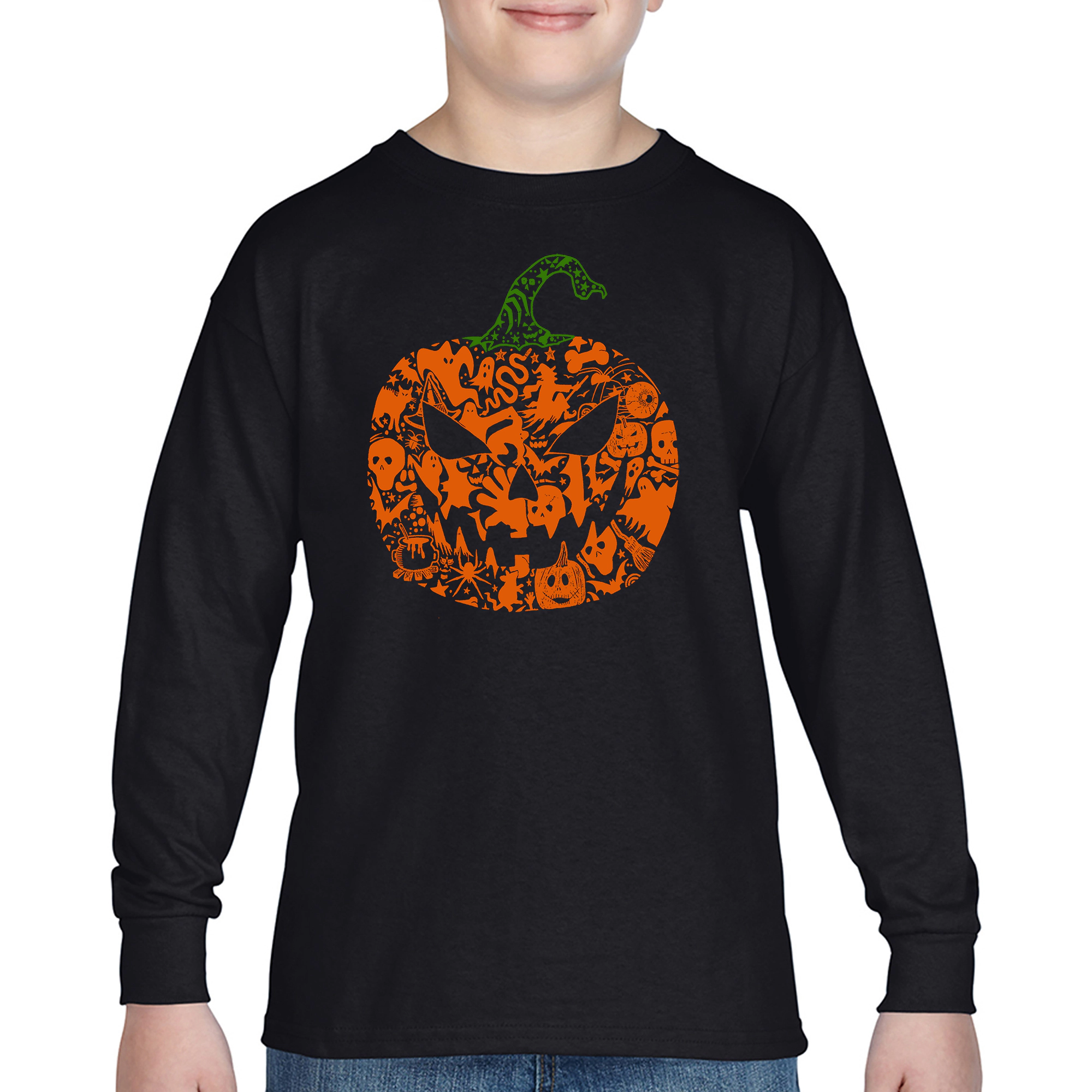 LA Pop Art Boys Long Sleeve T-Shirt - Halloween Pumpkin