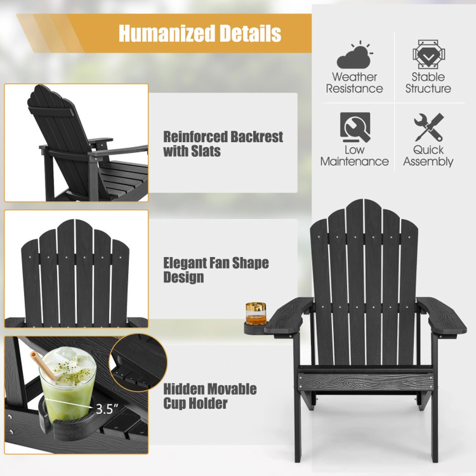 SUGIFT Black Adult and Kids Adirondack Chair Set of 2 with Cup Holder 33.5-in W 30-in D 380-lb Seat Capacity