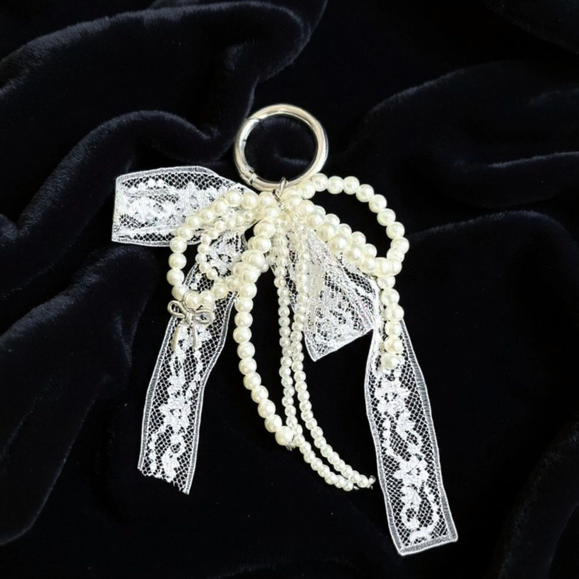 Alilang Women's Pearl and Lace Bow Keychain with Silver Ring and Charm Accent