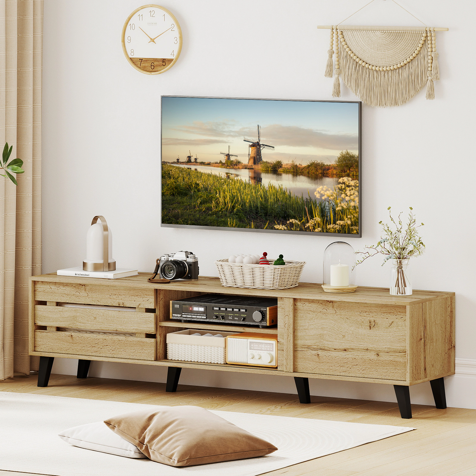 LJG Mid Century Modern TV Stand for 80 Inch TVs with Sliding Door Cabinets and Storage Shelves