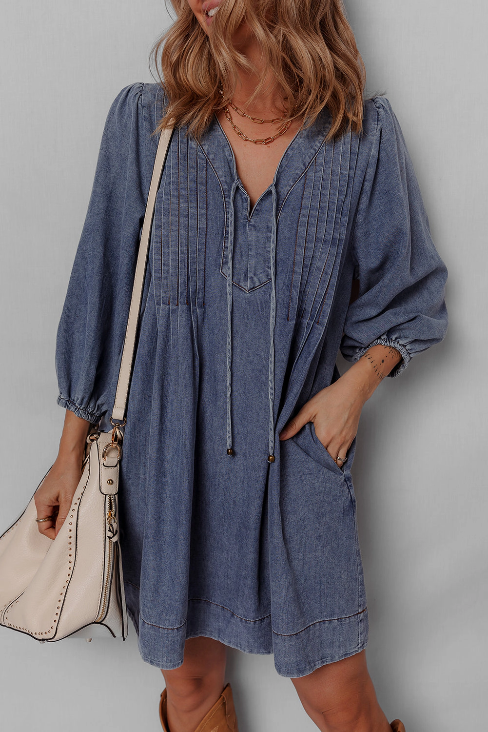 Threaded Pear Women's Autumn Tied Pleated Mini Dress