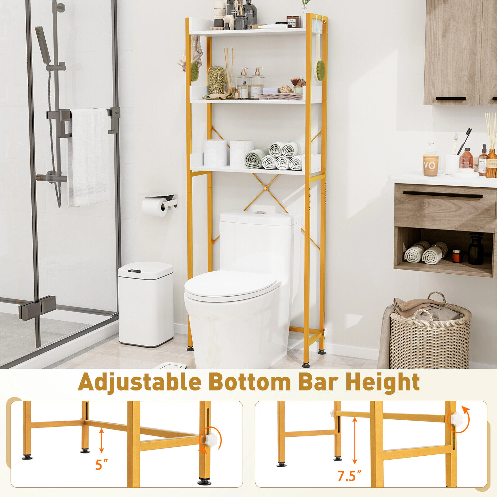 SUGIFT Over the Toilet Storage Rack White with 4 Side Hooks and Adjustable Bottom Bar