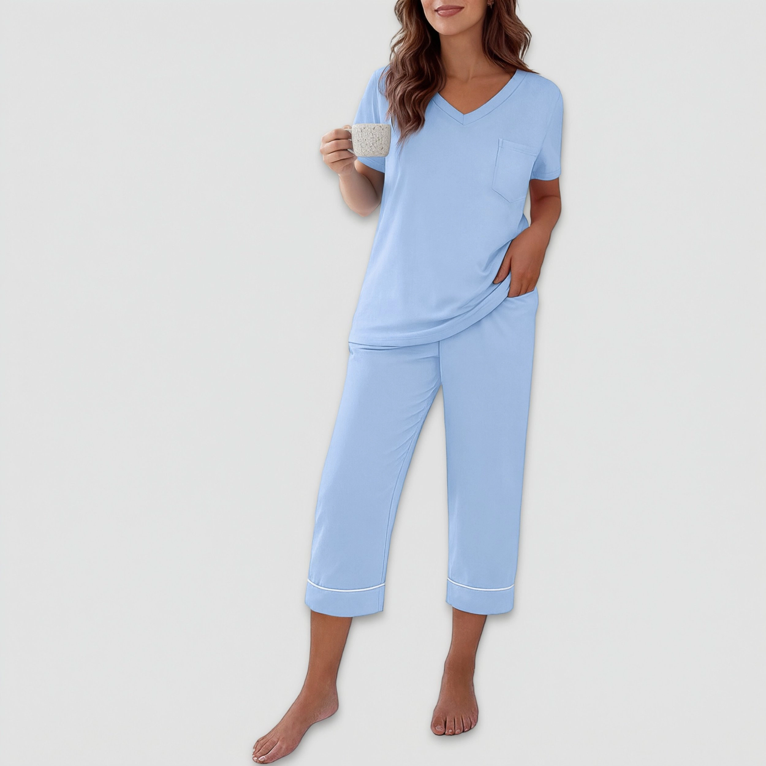 Ekouaer Cotton Pajamas for Womens Set Short Sleeve Top and Capri Pants Lounge Sets Soft Sleepwear