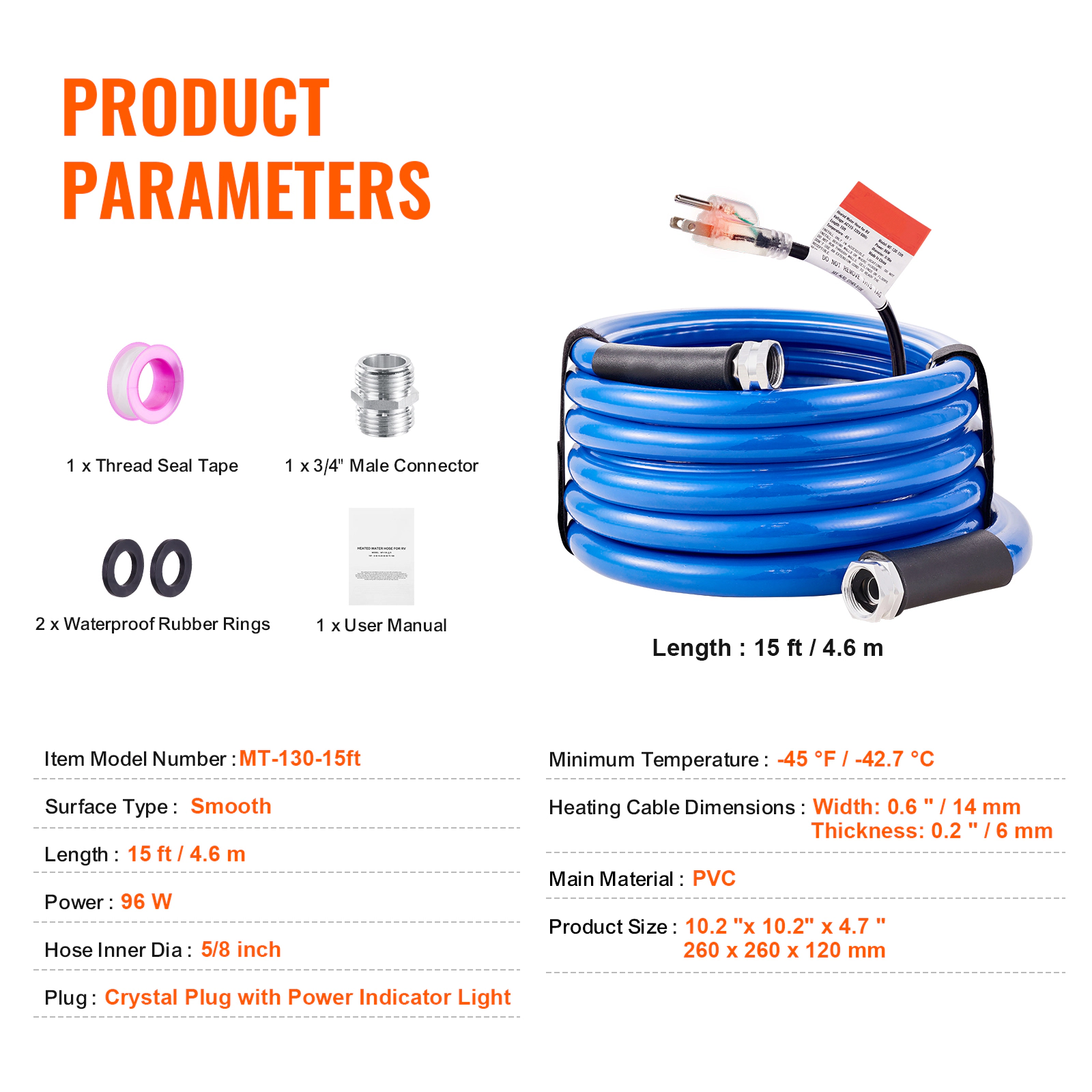 HONGGE 15ft Heated RV Water Hose, Self-Regulating, Freeze-Proof to -45°F, 5/8" ID, 3/4" GHT Adapter, Lead & BPA Free
