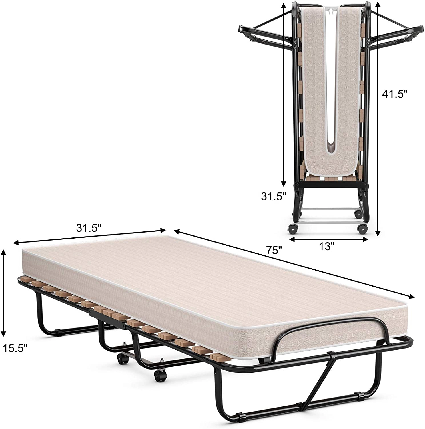 SUGIFT Folding Portable Guest Bed with Memory Foam Mattress 264.5-lb Capacity Adult Black Frame Beige Mattress