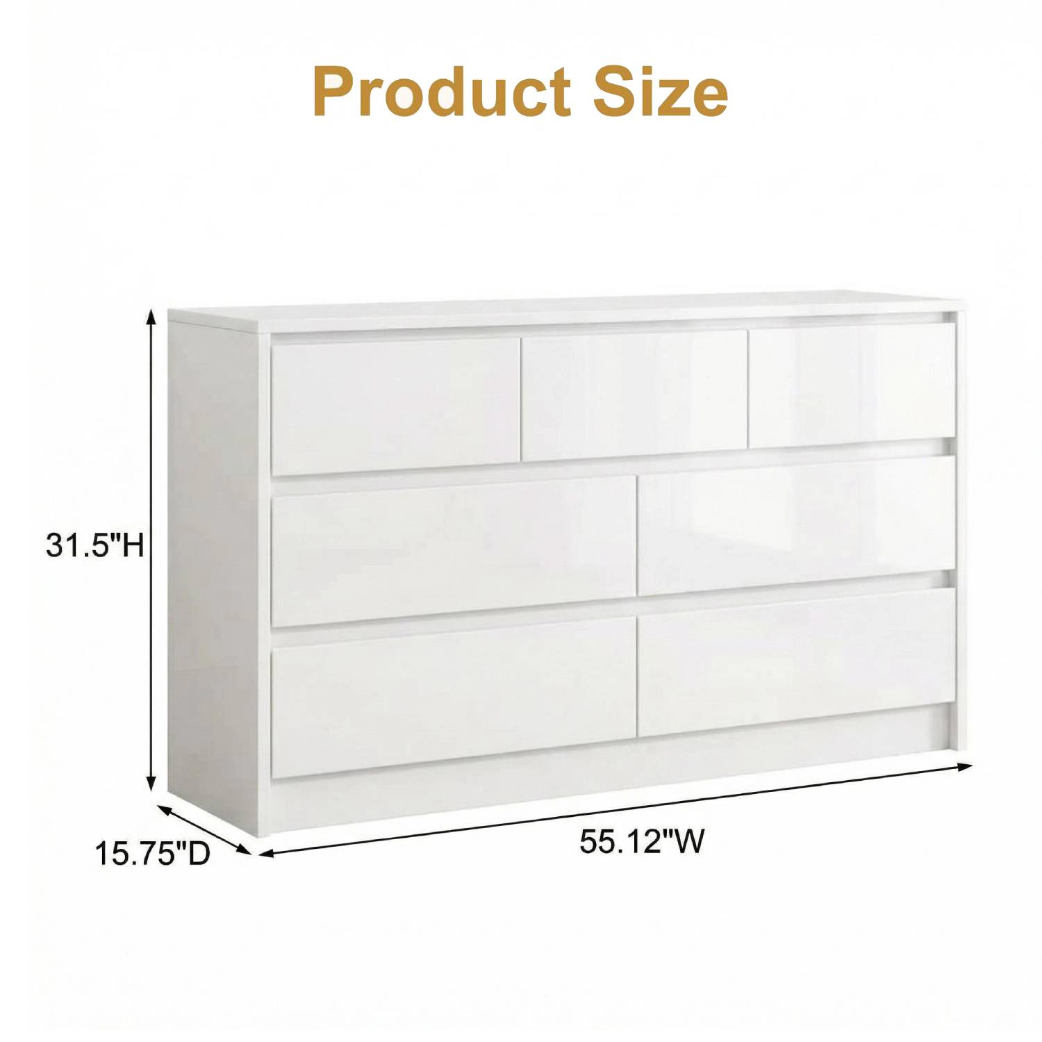55" Full High Gloss Dresser with 7 Drawers, Modern Wide Storage Chest for Bedroom
