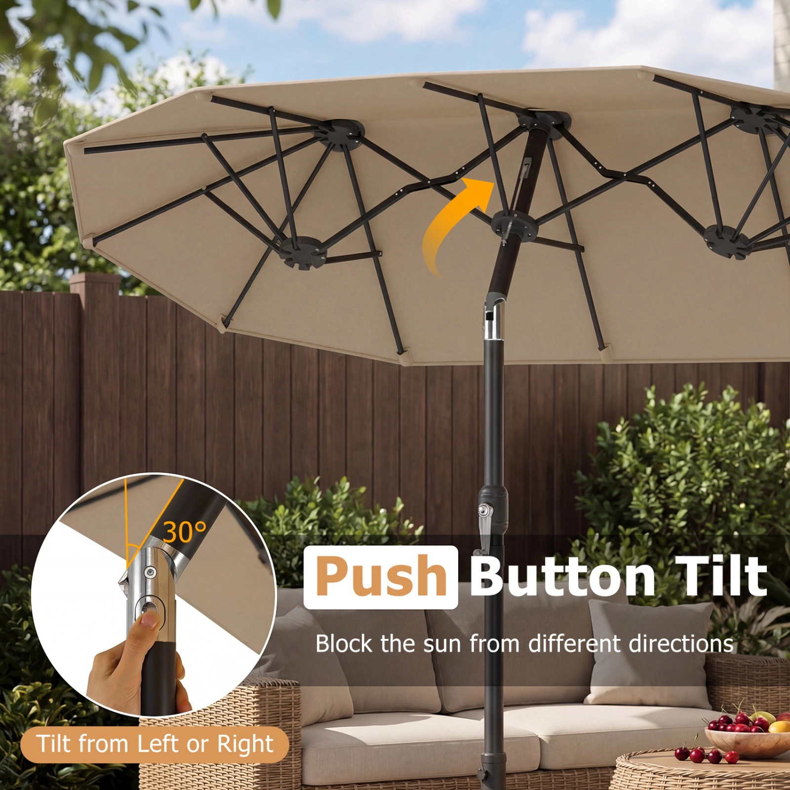 SUGIFT 10-ft Beige Rectangular Double-Sided Patio Umbrella with Crank Lift, Push-Button Tilt, 12 Ribs and 3 Vents