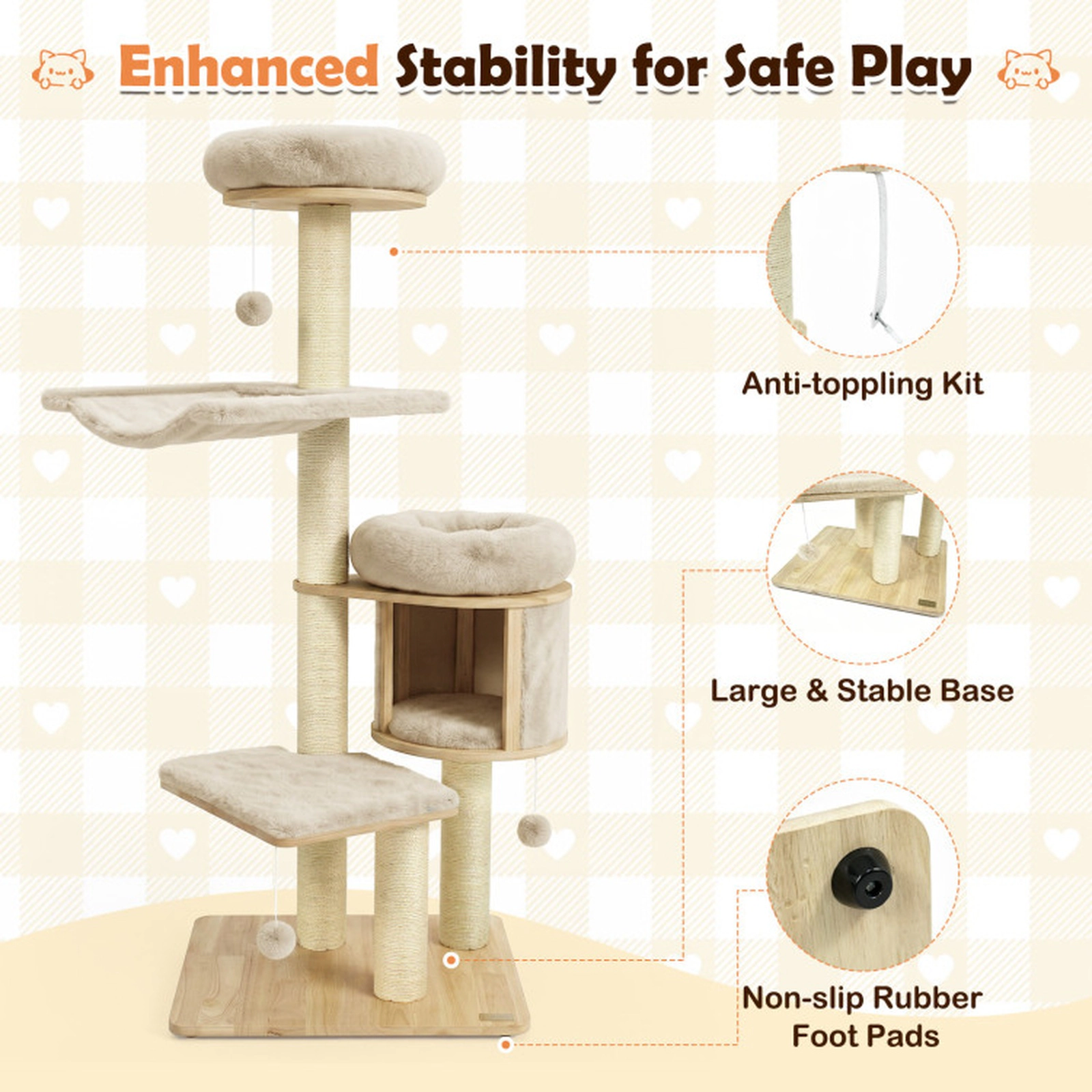 SUGIFT Beige Rubber Wood Cat Tree with Condo Hammock and Plush Beds 26-in W 19-in D 55-in H 33-lb Per Tier