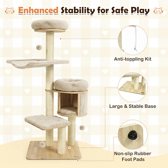 SUGIFT Beige Rubber Wood Cat Tree with Condo Hammock and Plush Beds 26-in W 19-in D 55-in H 33-lb Per Tier