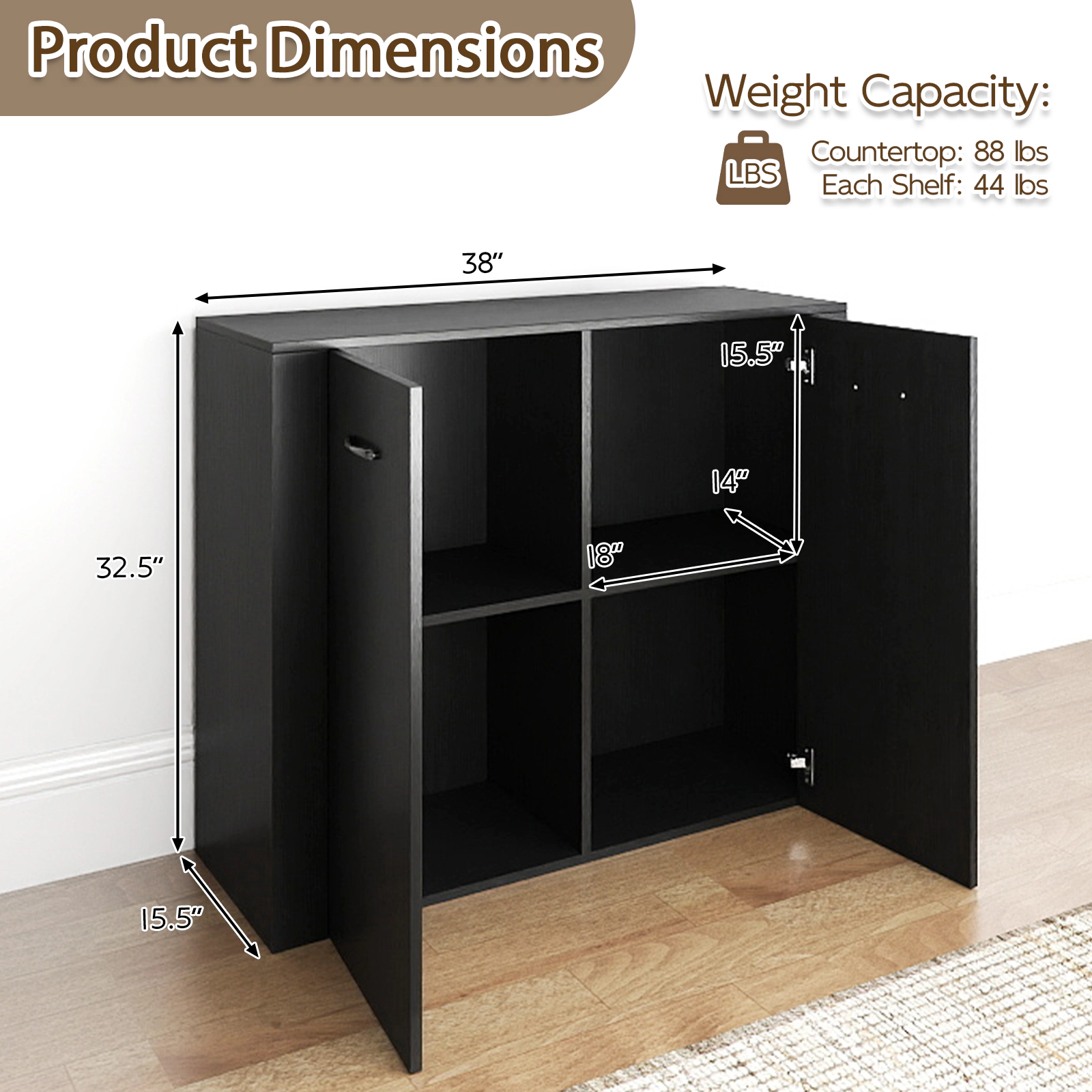 SUGIFT 38-in Black Coffee Bar Buffet Sideboard Cabinet with 4 Cube Storage and Doors for Dining Room