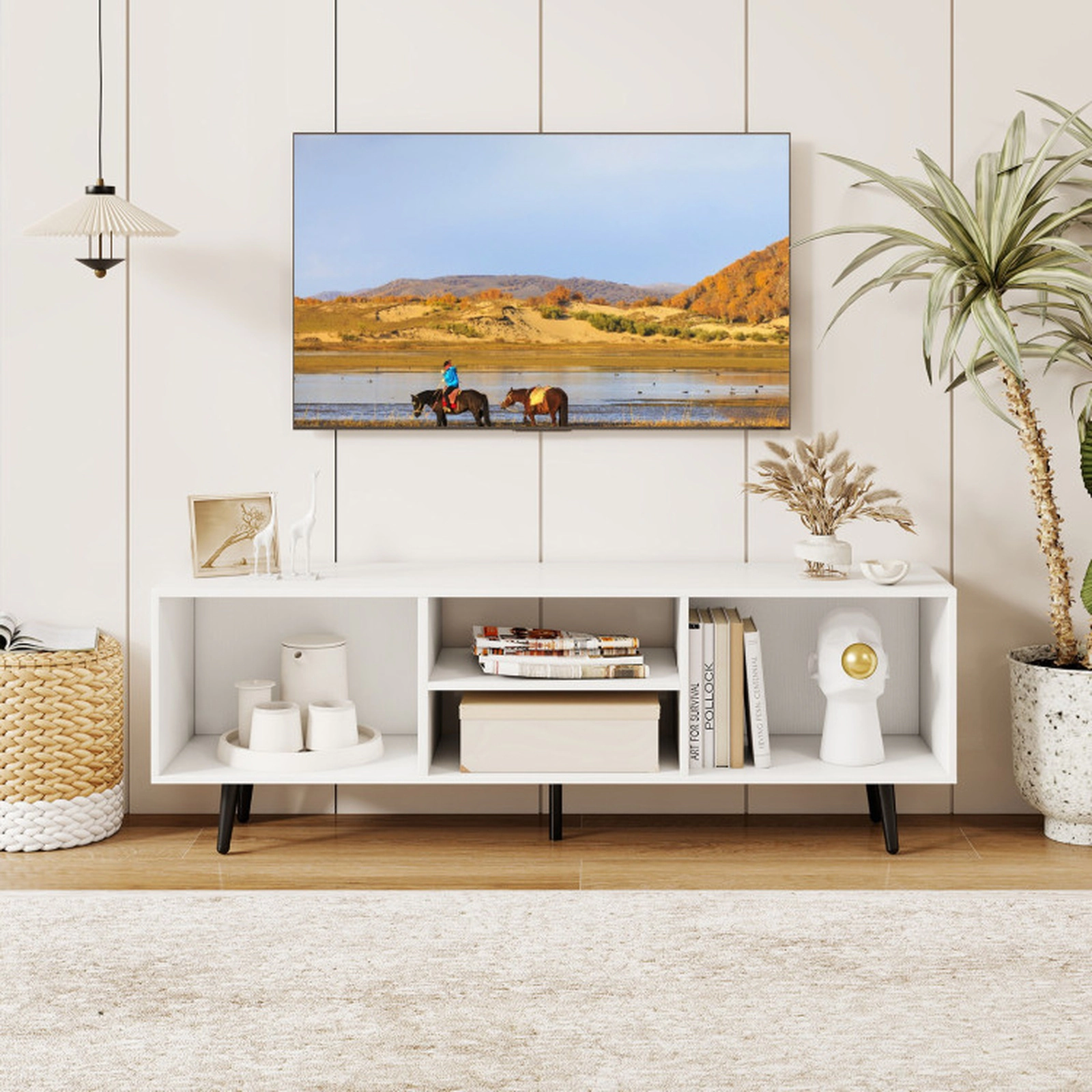 SUGIFT TV Stand for 55-Inch TV with 132-lb Countertop Capacity Compartments and Metal Legs White