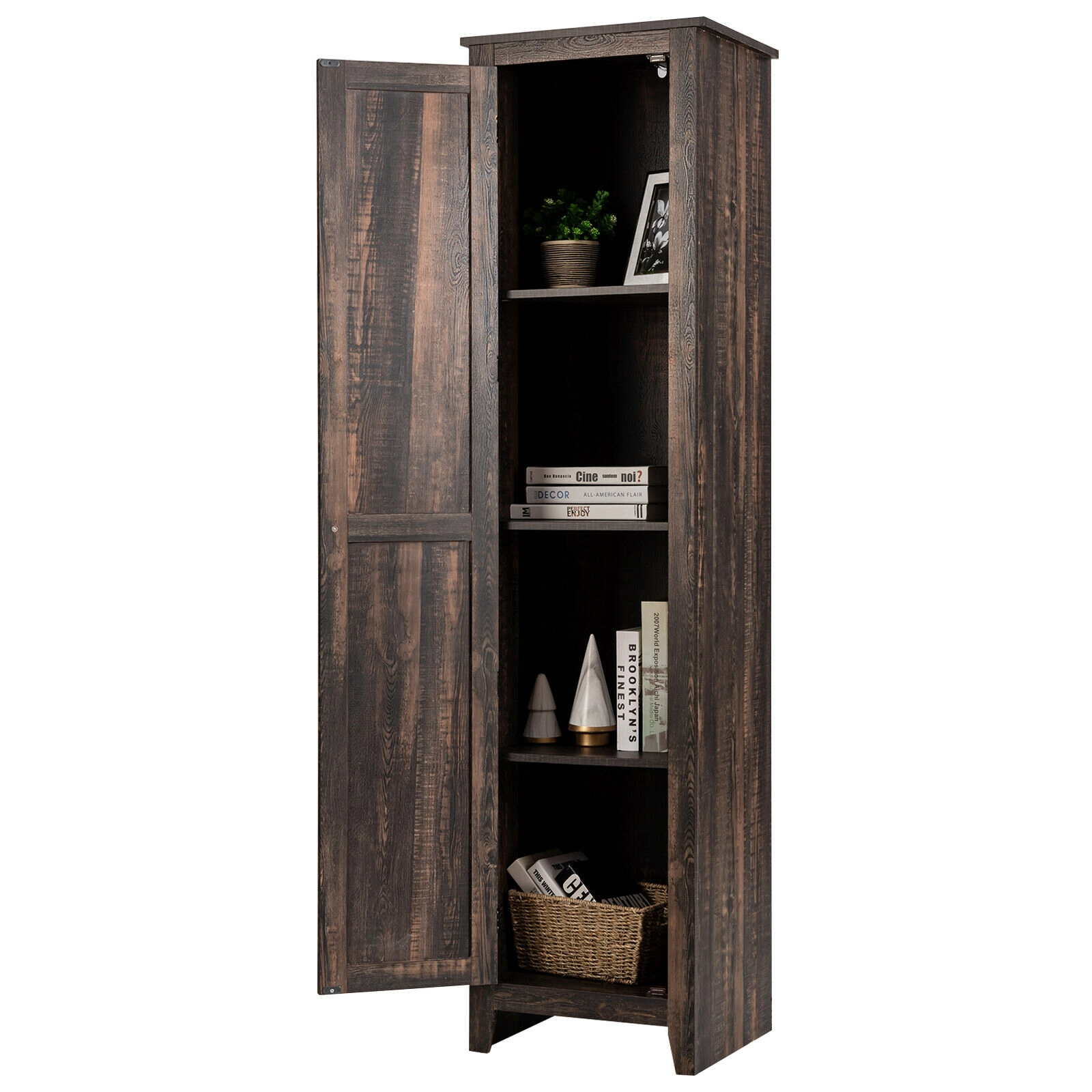 SUGIFT Walnut 72-in Tall 4-Shelf Slim Linen Tower Bathroom Storage Cabinet with Magnetic Door and Anti-Toppling Kit