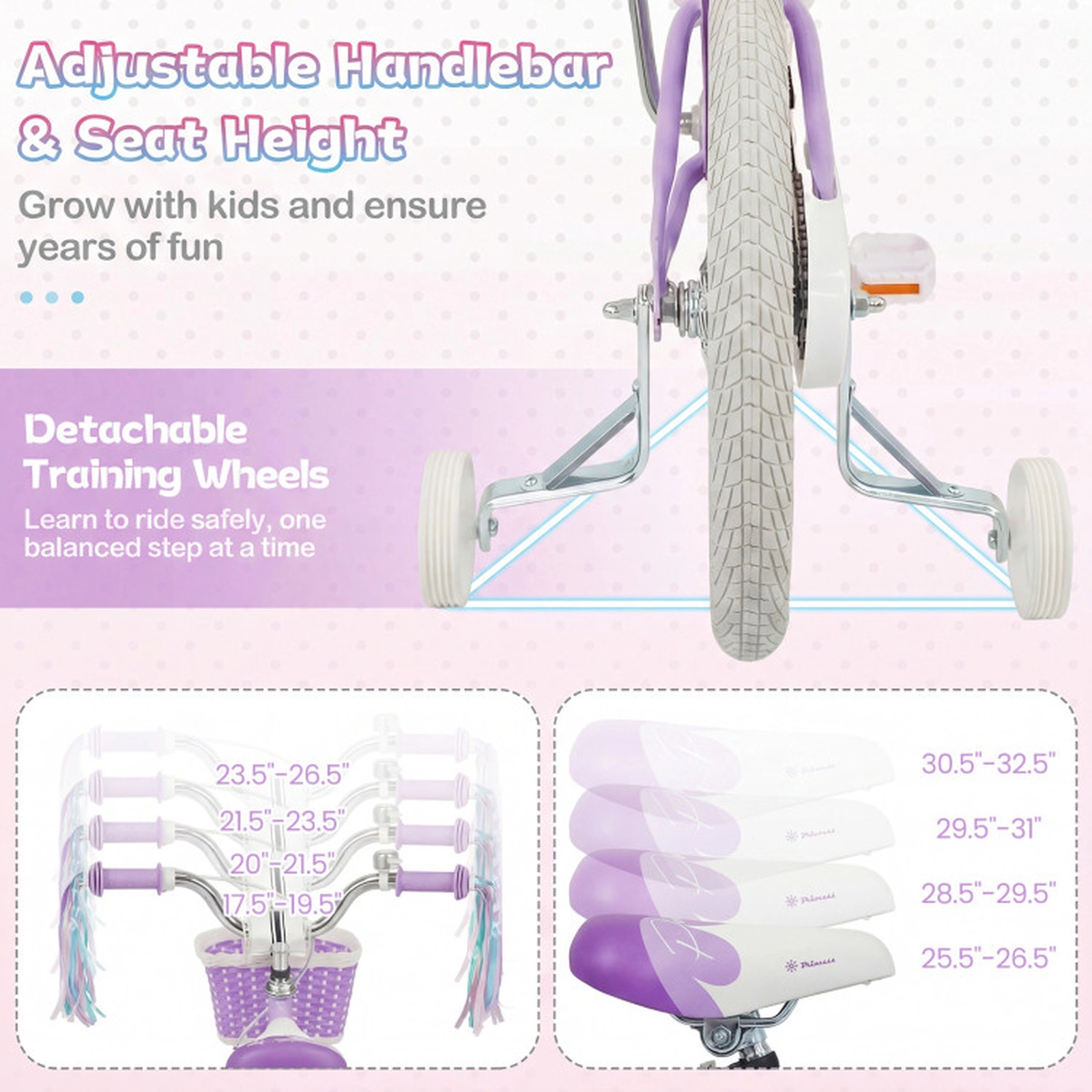 SUGIFT Adjustable 16-in Kids Bike with Training Wheels 110-lb Capacity Ages 4-7 Purple with Basket and Streamers