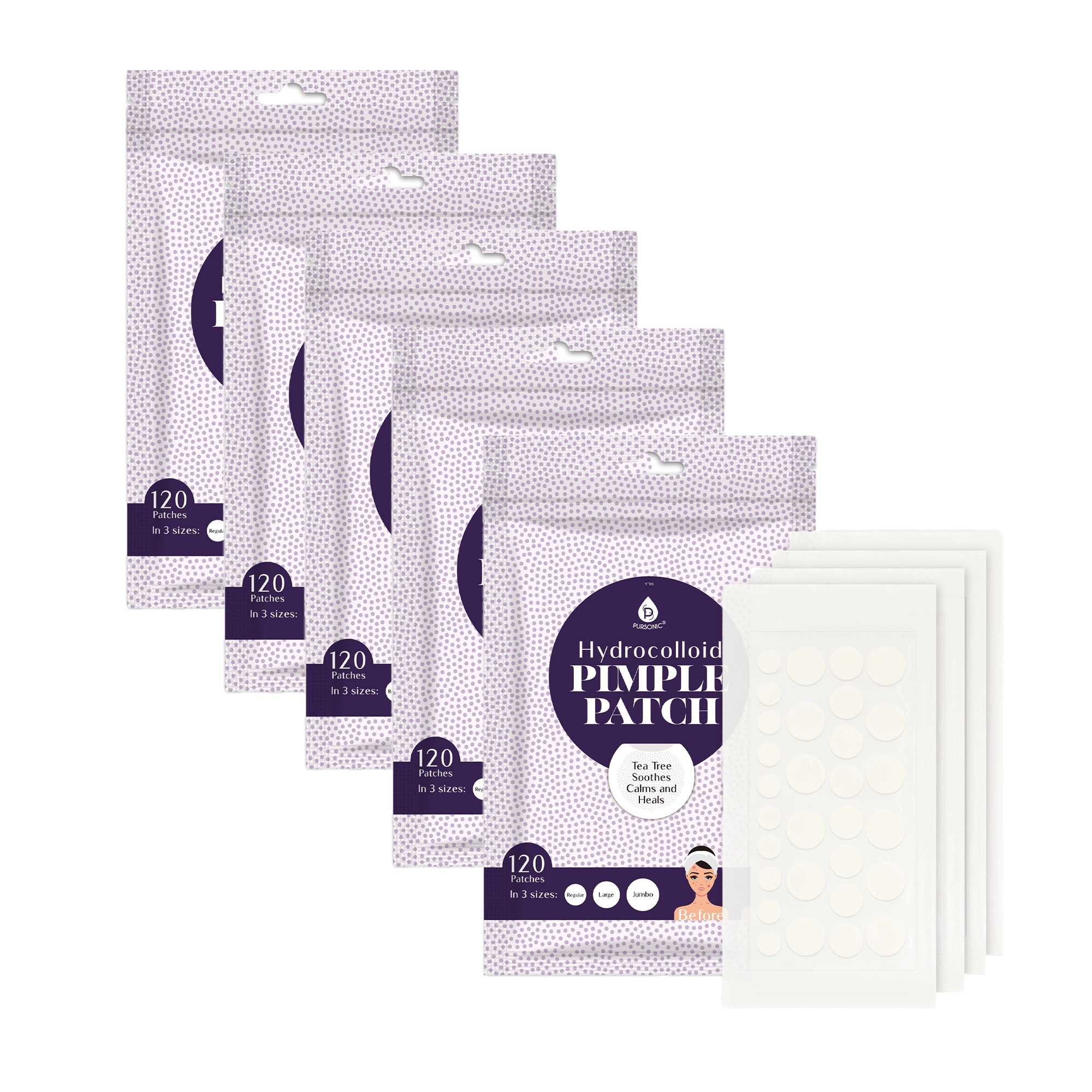 Pursonic Unisex Acne Treatment Hydrocolloid Pimple Patch Multi-Size 120-Count 5-Pack