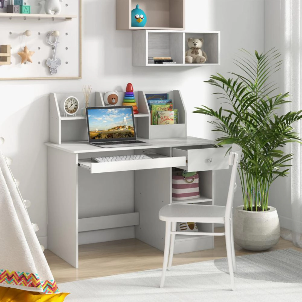 Hivvago Kids Study Desk Children Writing Table With Hutch Drawer Shelves And Keyboard Tray-White