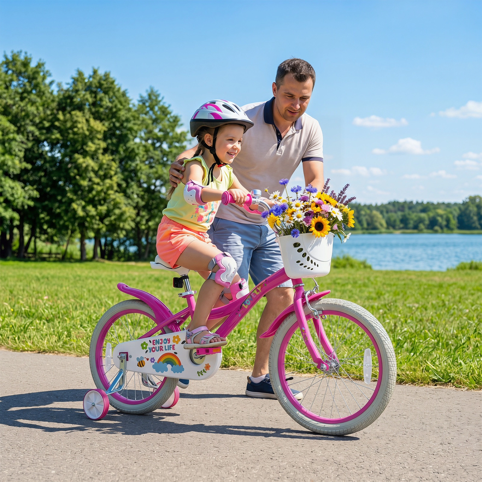SUGIFT Adjustable 18-in Girls Bike Basket, Training Wheels & Reflectors 132-lb Seat Capacity Ages 4-8 Spring Party Pink