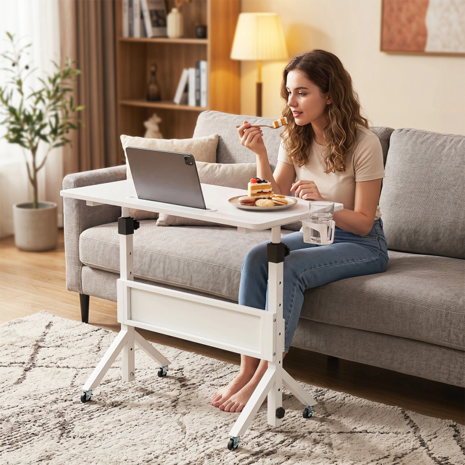 SUGIFT White 6 Height Settings Cup Holder and Storage Basket Mobile Standing Desk