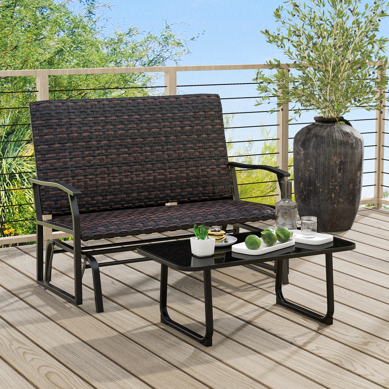 SUGIFT Brown Quick Dry Foam Seat 2-Person All Weather Outdoor Wicker Glider Bench
