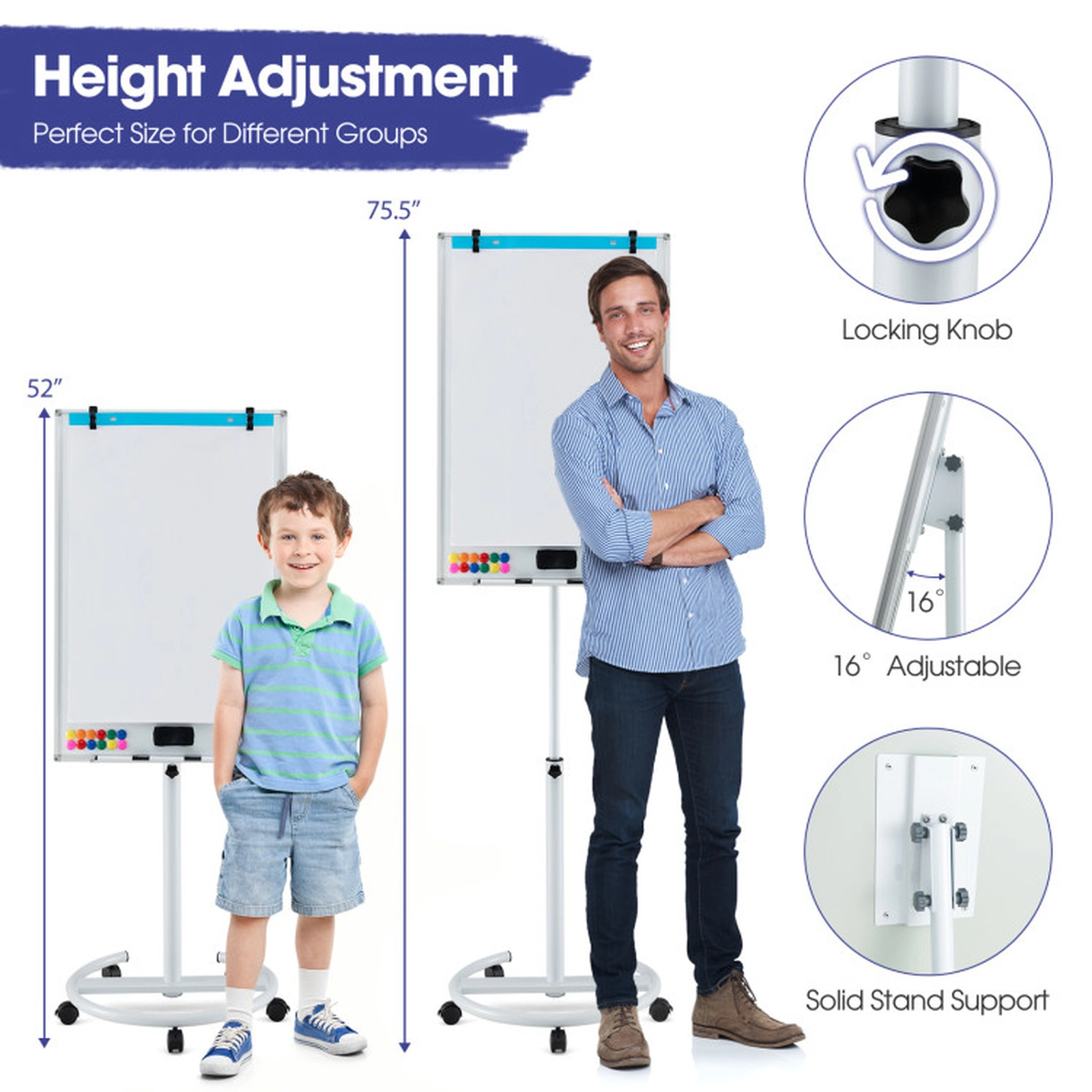 SUGIFT 40-in x 26-in Height Adjustable Mobile Magnetic Whiteboard with Round Base Stand and Paper Clips