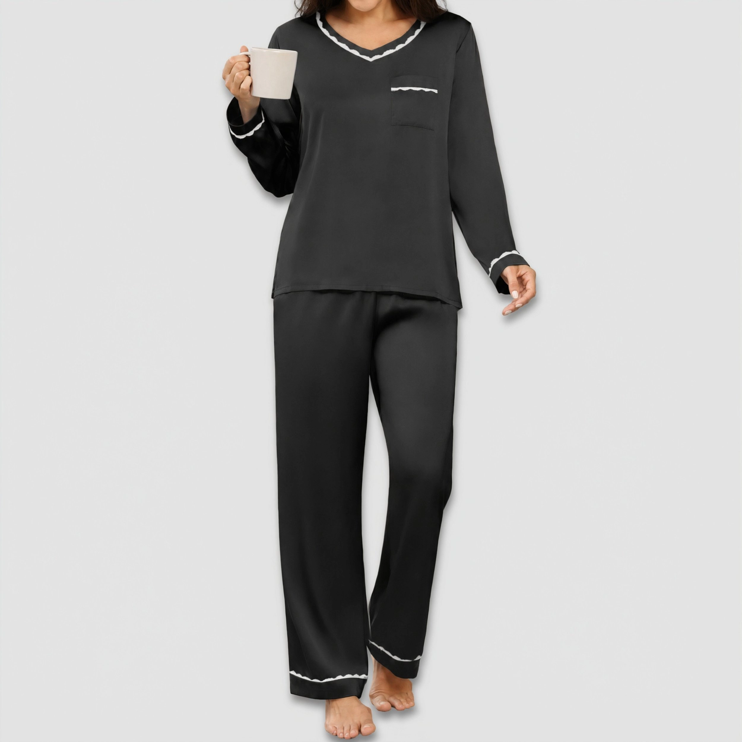 Ekouaer Women's Two Piece Satin V-Neck Long Sleeve Top and Pants Pajama Set with Lace Trim