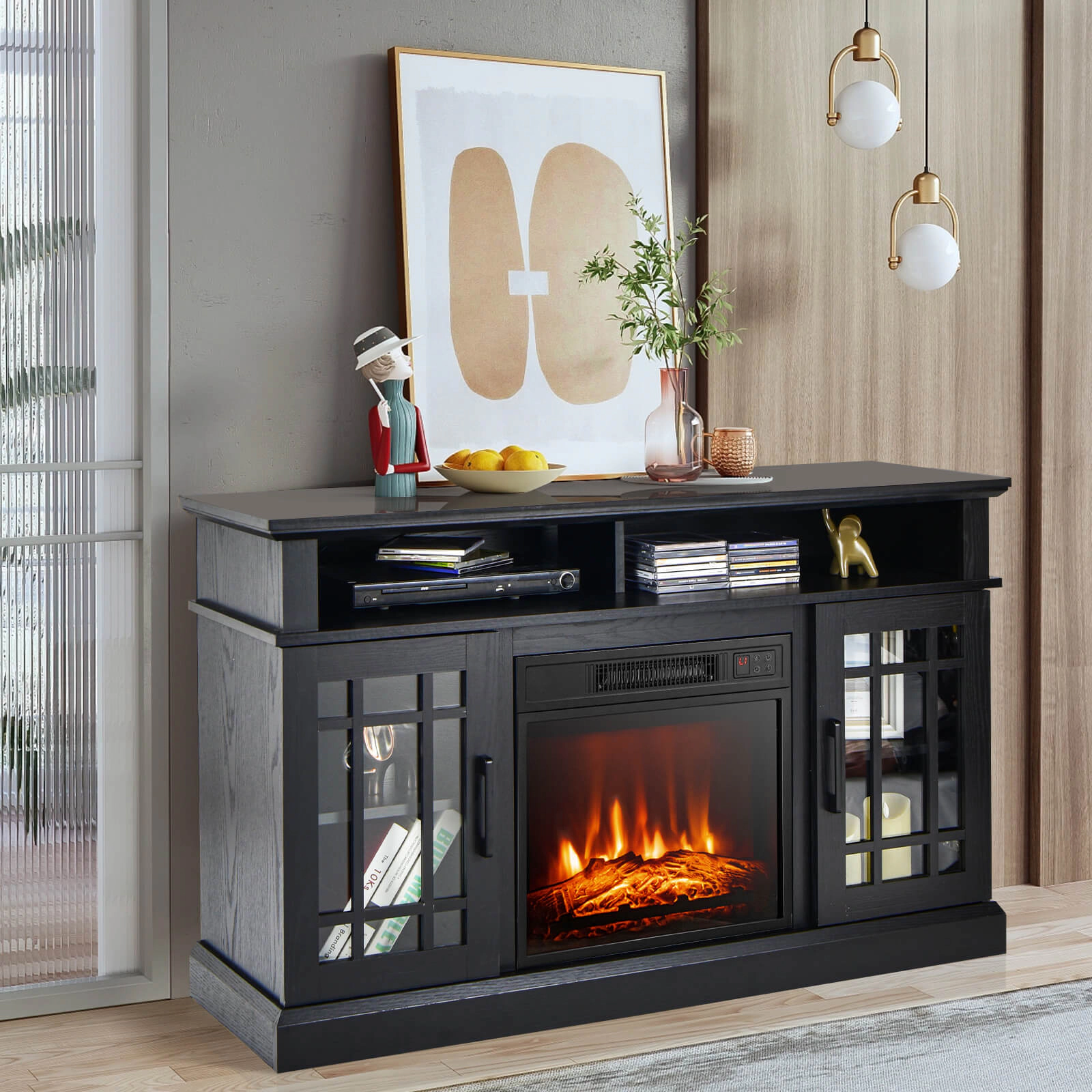 SUGIFT 48-in Electric Fireplace TV Stand Cabinets 4777 BTU 400-sq-ft Heating 70-lb Countertop Capacity for TVs Up to 55