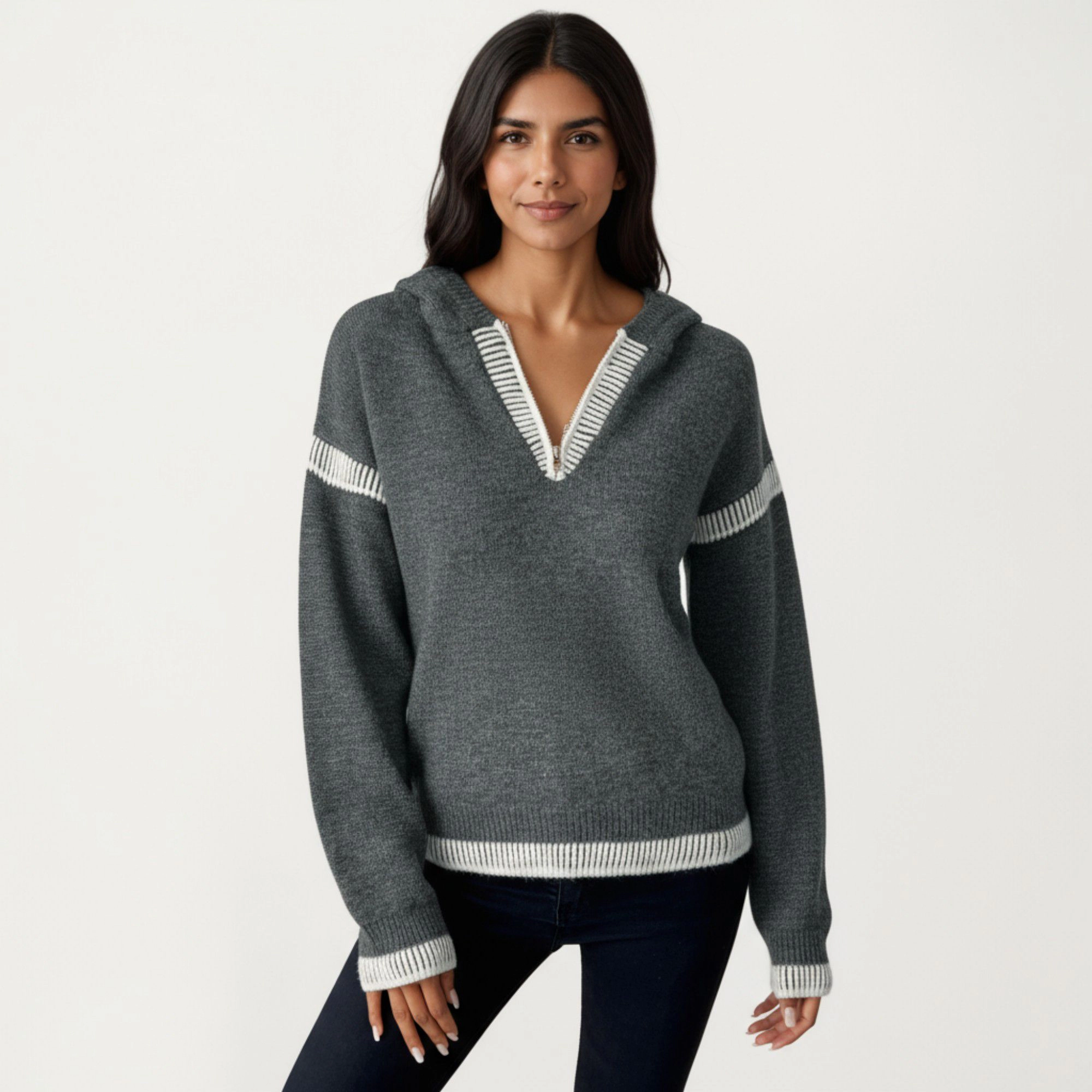 Anna-Kaci Women's Contrast Trim V-Neck Long Sleeve Knit Hoodie